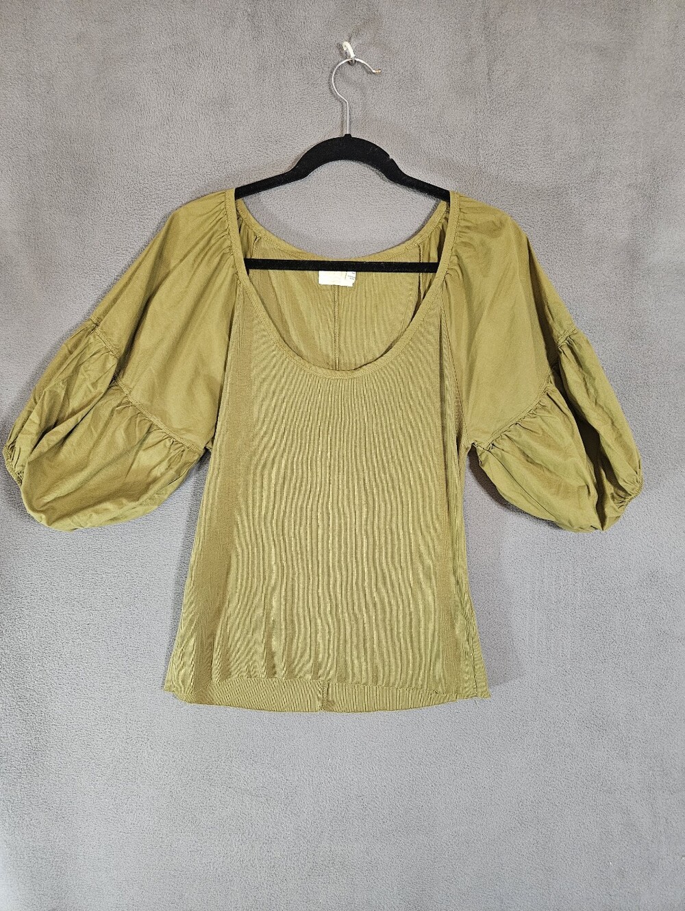 Nation LTD Women XL Sonora Rib Top Green Organic Pima Cotton Coquette Puff Sleev